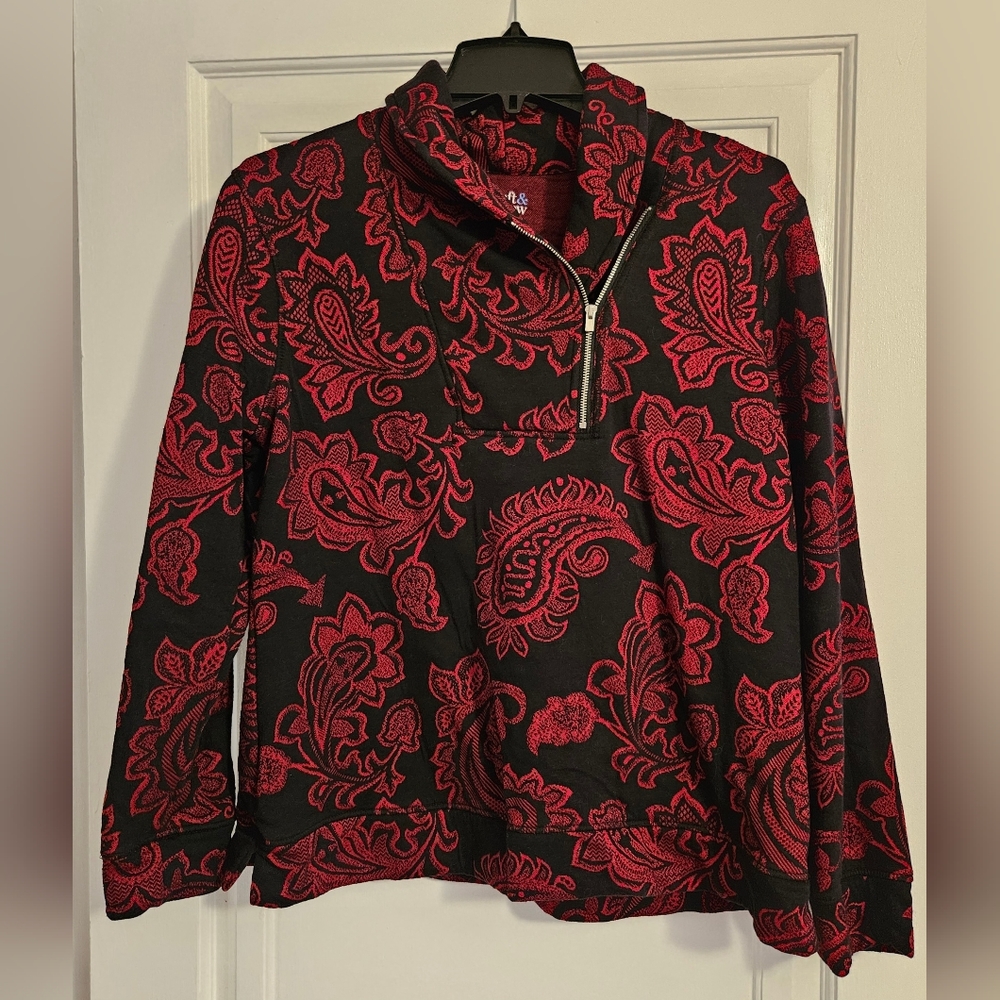 EUC Croft and Barrow Pullover Jacket, Red and Black Paisley, Size Petite L